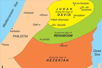 מפת ממלכת יהודה והשלבים העיקריים בהתפתחות השטח העירוני. הכין י. רוזנברג